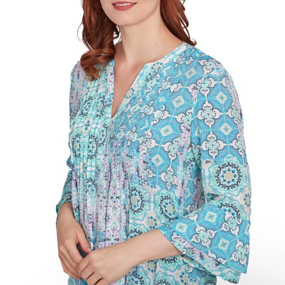 Ruby Rd Tile Patchwork Silky Gauze Ruffled Henley… - image 4